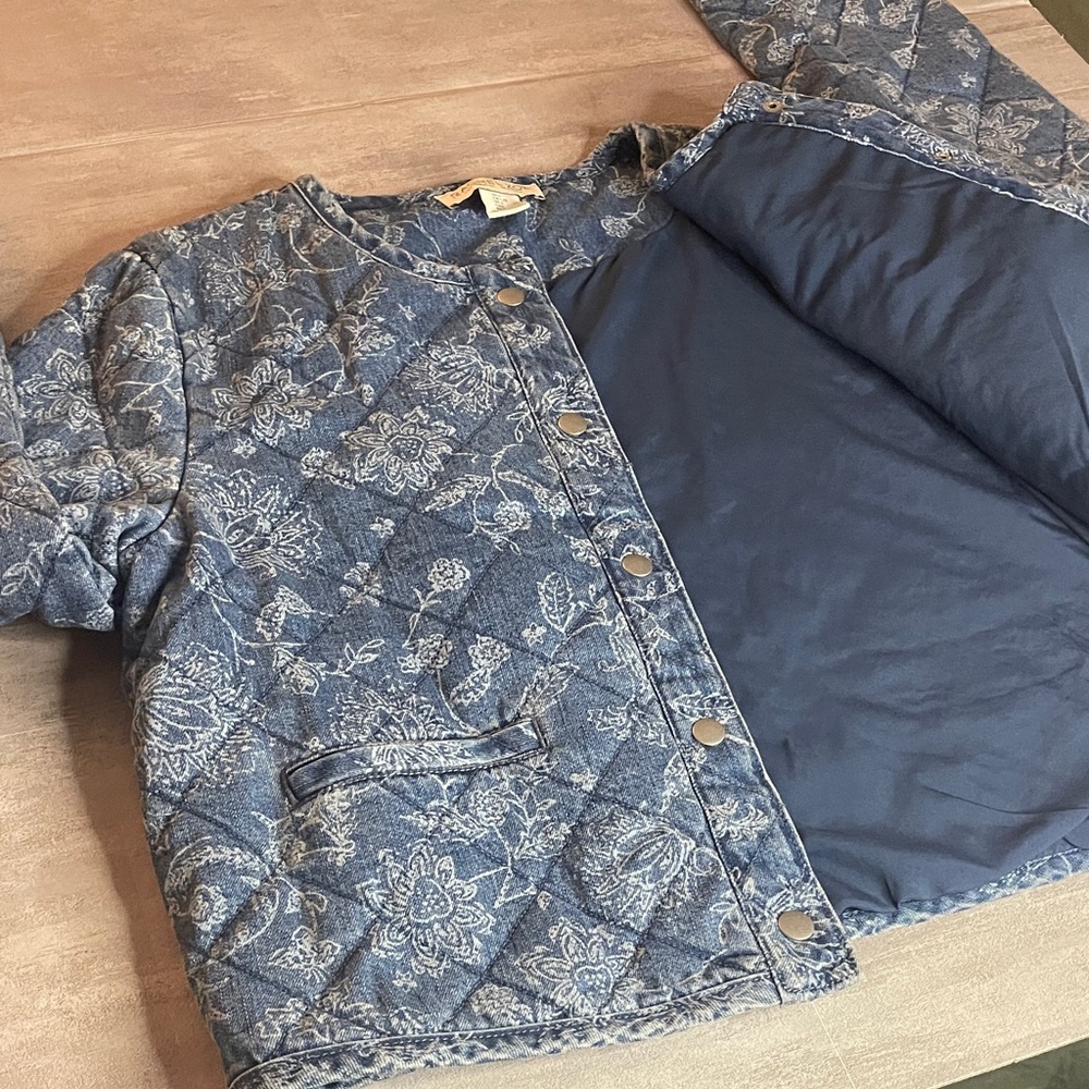 Rachel Zoe Blue Denim Floral Quilted Jean Jacket - sz L - Picture 5 of 8